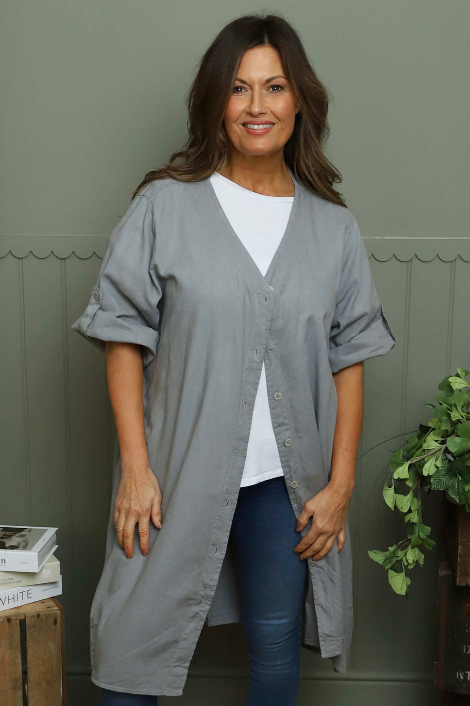 Alicia Button Linen Jacket Grey