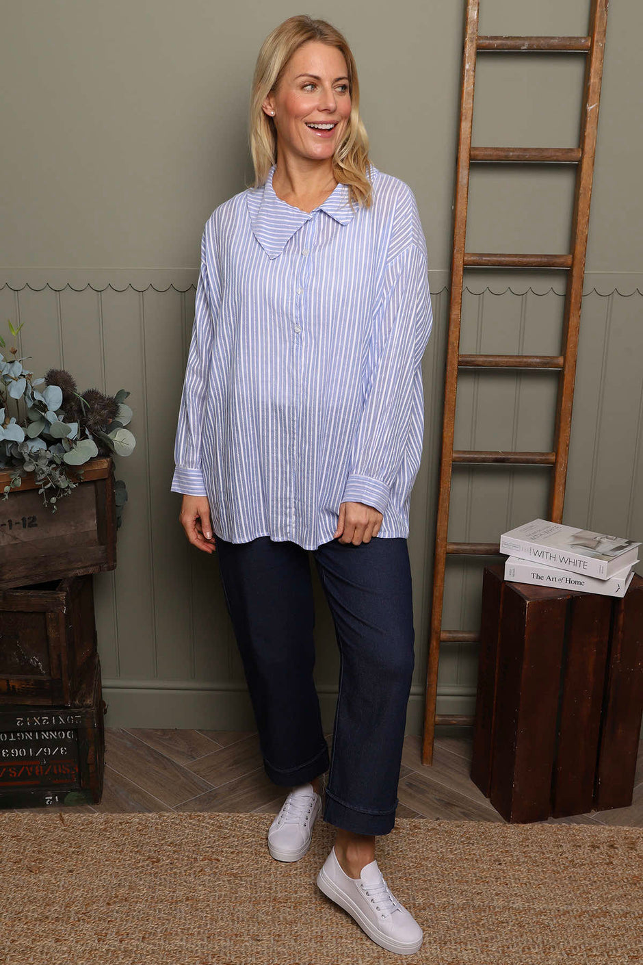 Amaya Stripe Collared Button Cotton Top Powder Blue