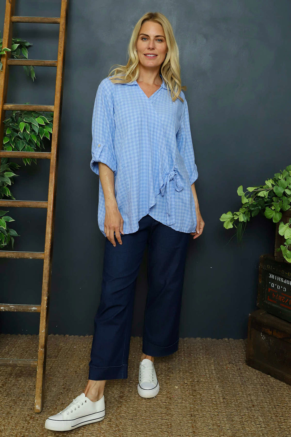 Shyla Check Wrap Top Powder Blue
