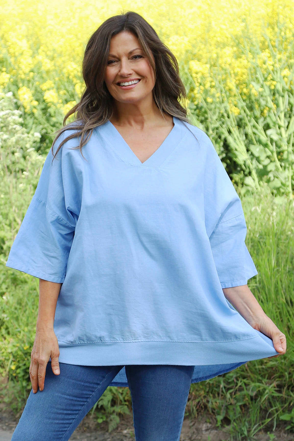 Brittany V-Neck Linen Top Powder Blue