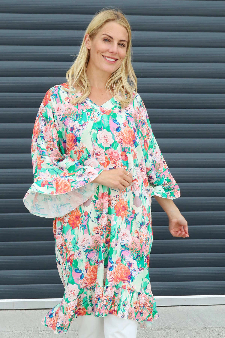 Tahlia Floral Linen Tunic Emerald