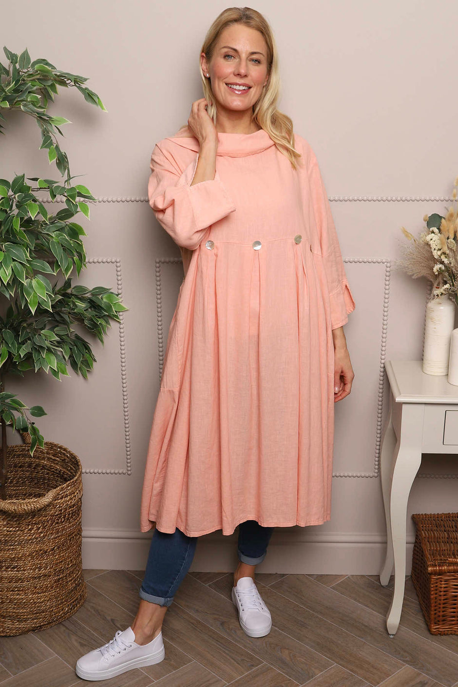 Cromer Button Detail Linen Dress Coral