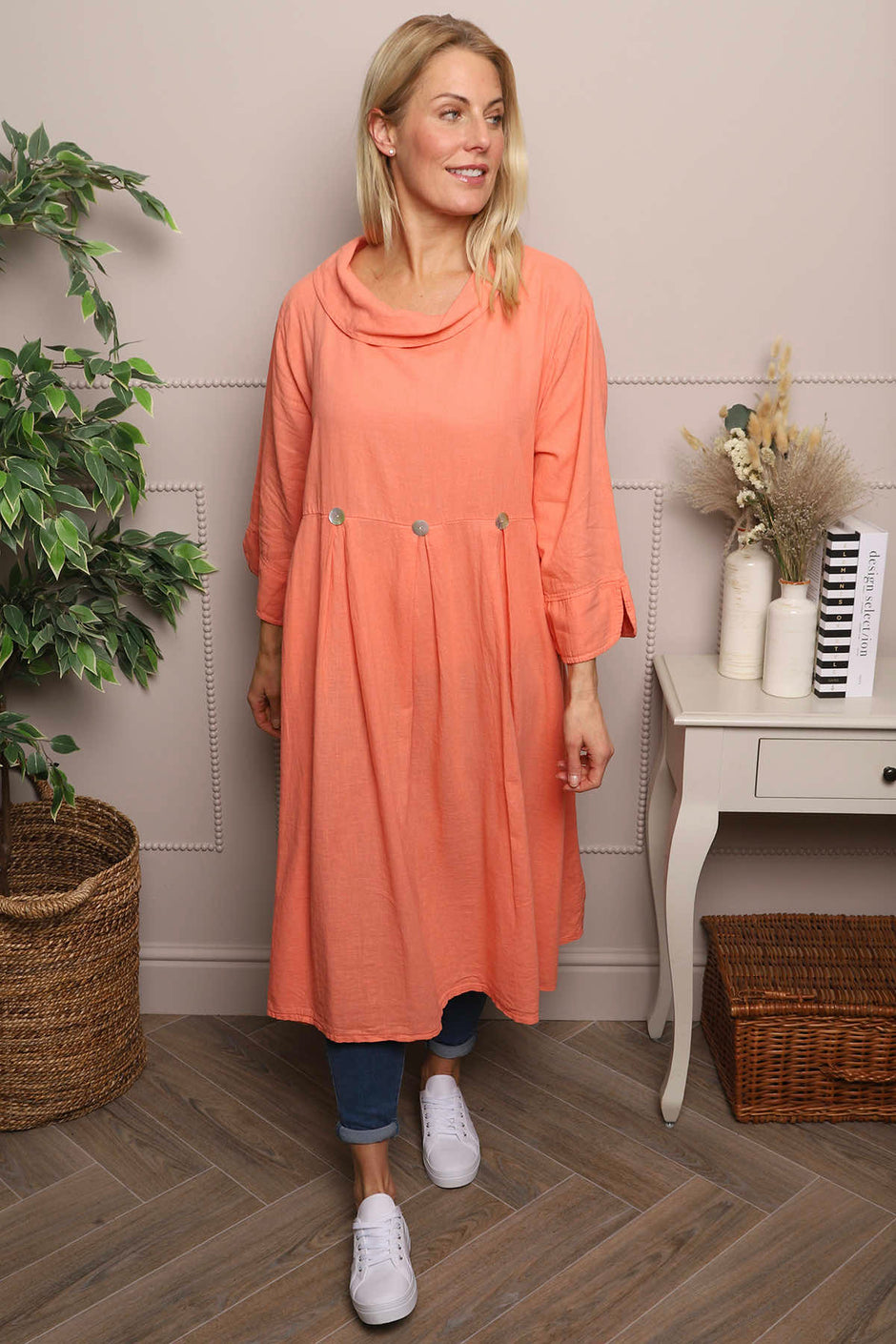 Cromer Button Detail Linen Dress Orange