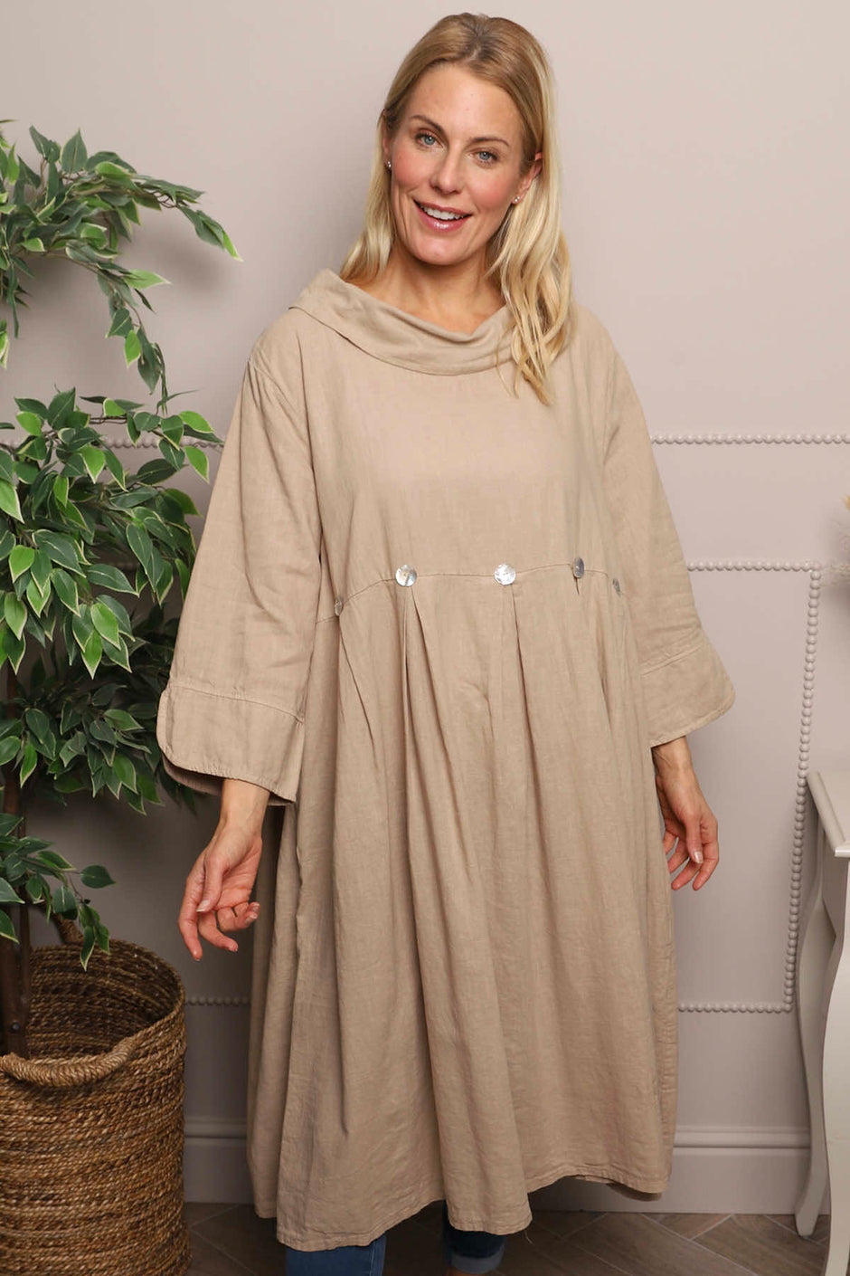 Cromer Button Detail Linen Dress Camel
