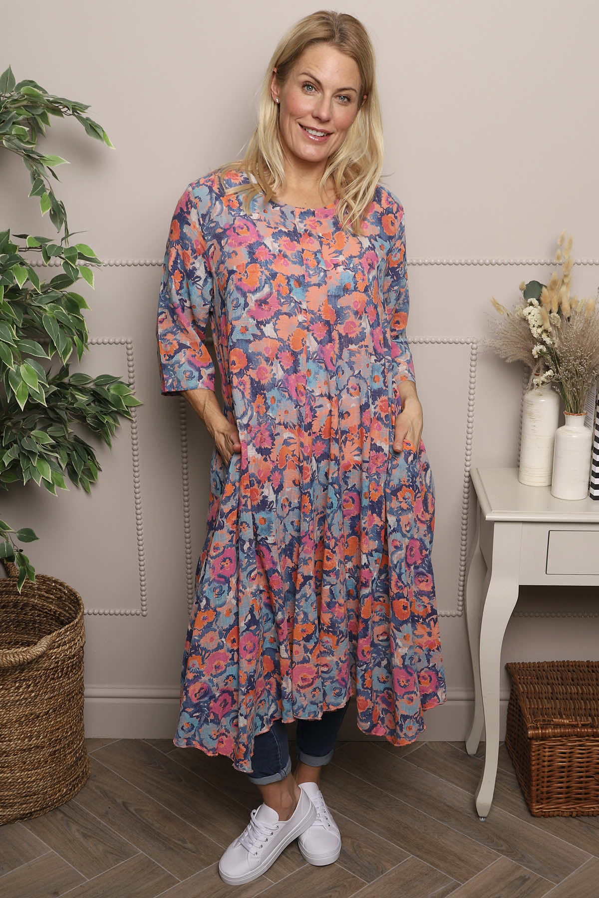 Orange Eleni Floral Print Linen Dress | Made In Italy | Kit and Kaboodal Orange Eleni Floral Print Linen Dress | Made In Italy | Kit and Kaboodal
