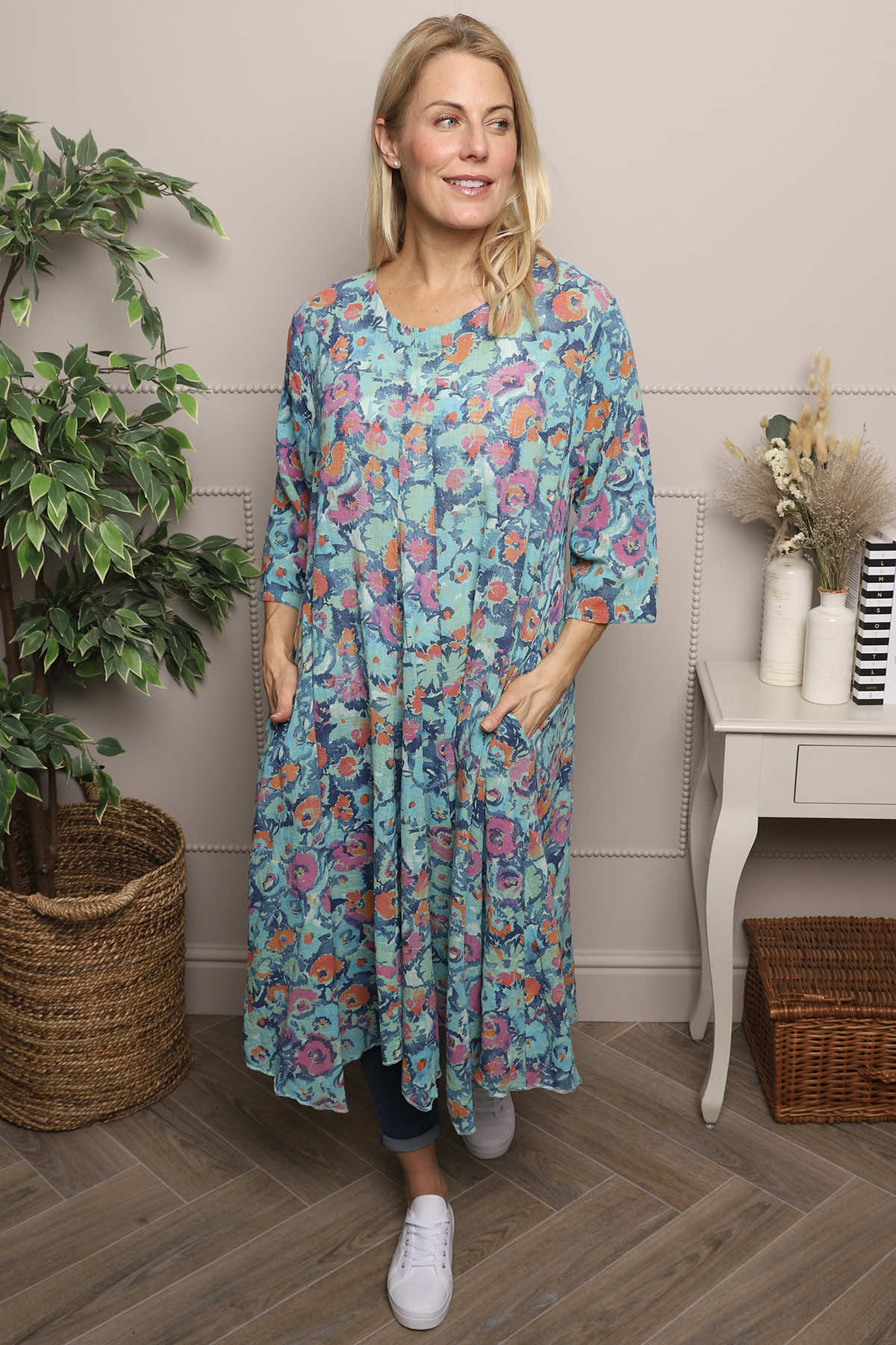 Green Eleni Floral Print Linen Dress | Made In Italy