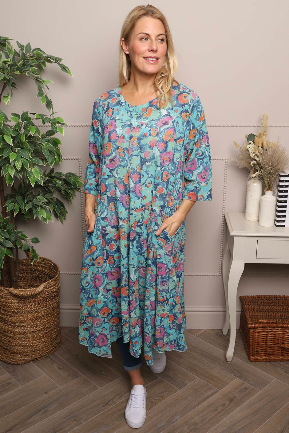 Eleni Floral Print Linen Dress Green