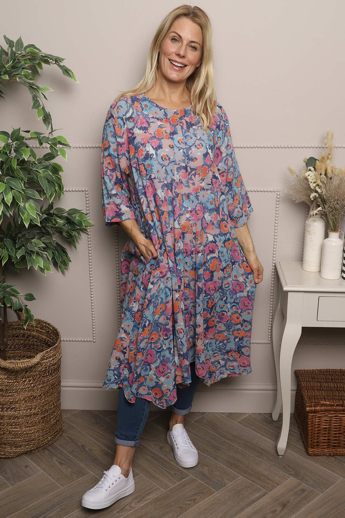 Pink Eleni Floral Print Linen Dress | Made In Italy