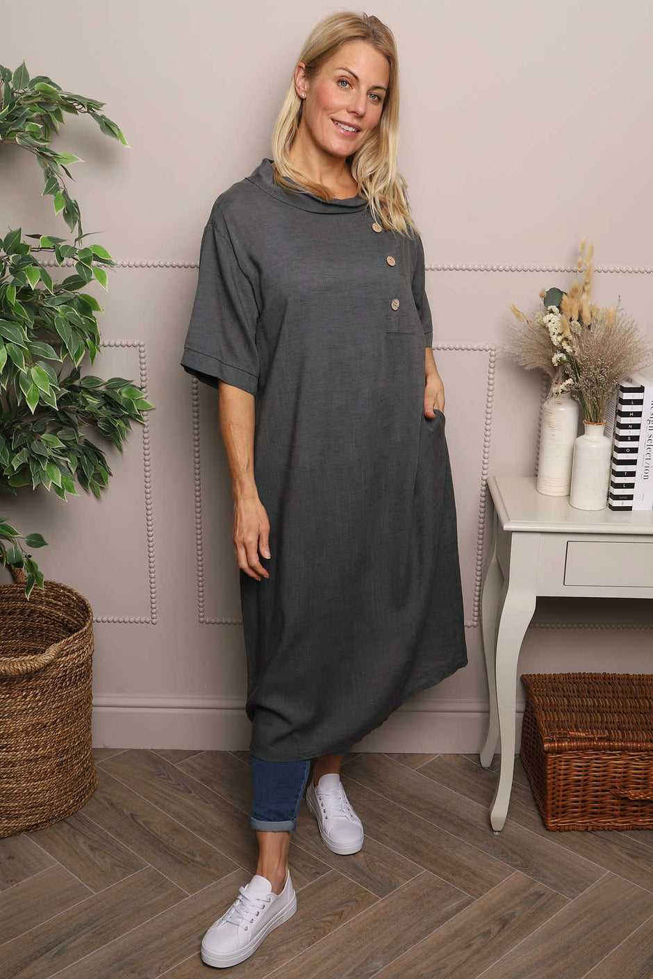 Alvina Cowl Button Detail Dress Charcoal