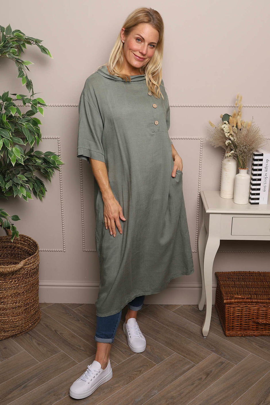 Alvina Cowl Button Detail Dress Khaki