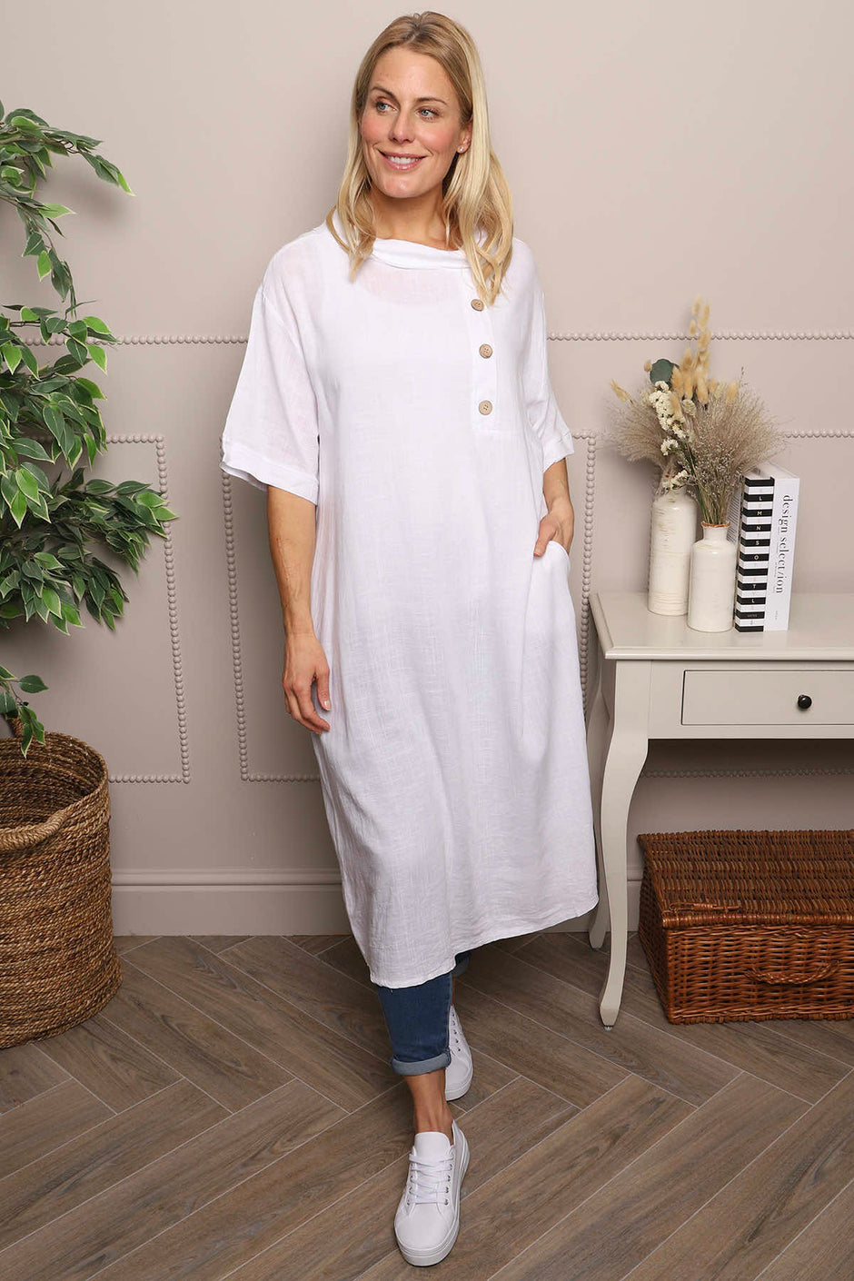 Alvina Cowl Button Detail Dress White