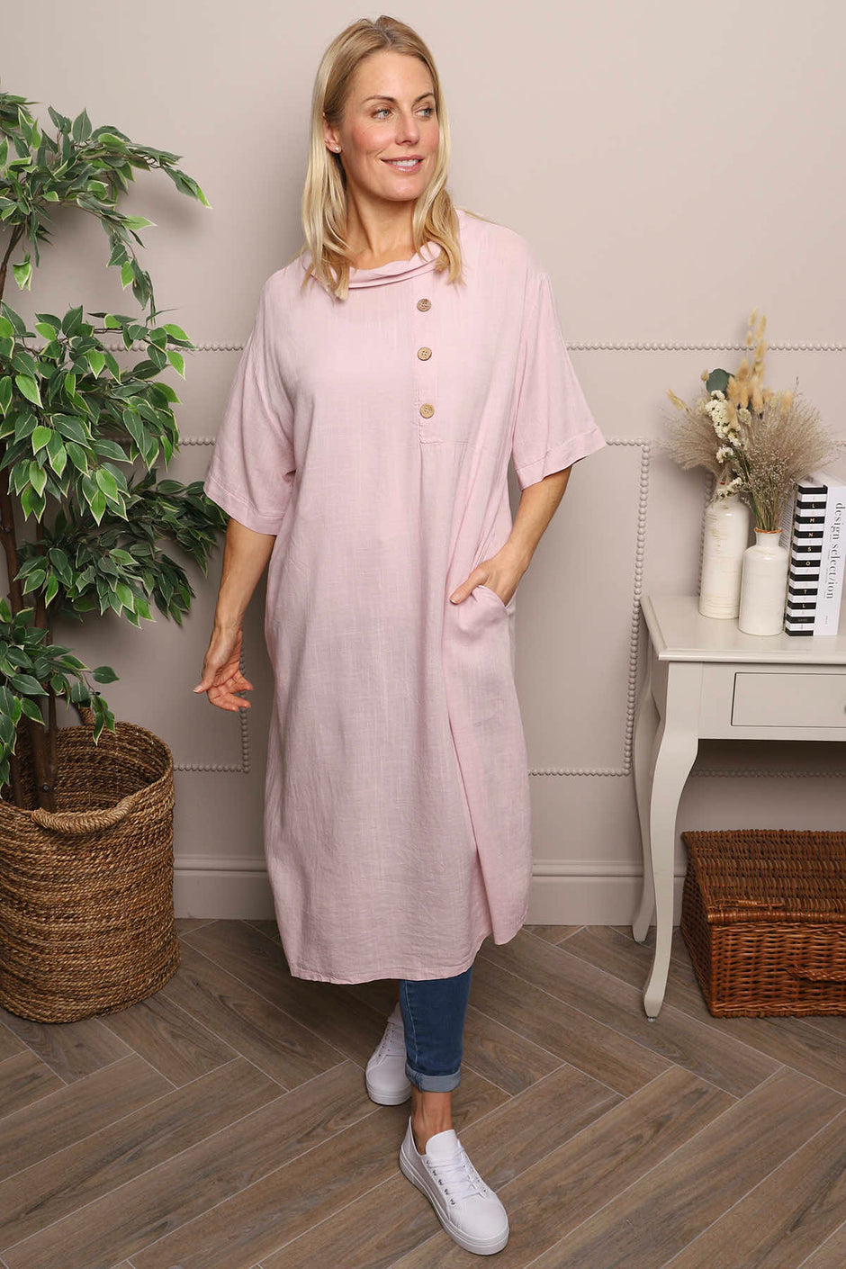 Alvina Cowl Button Detail Dress Pink