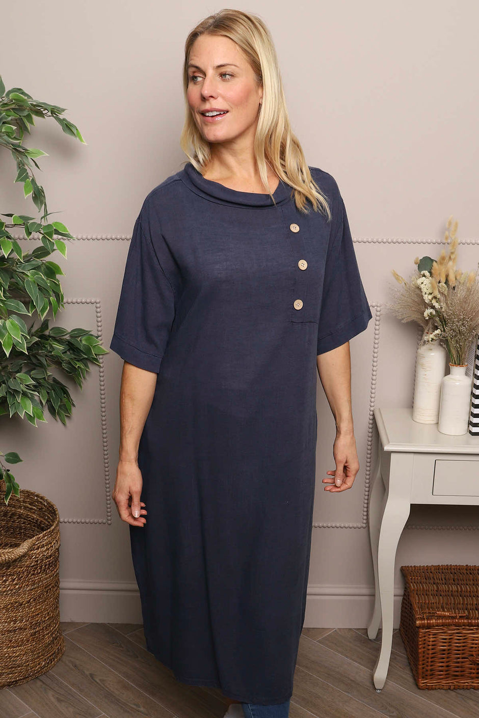 Alvina Cowl Button Detail Dress Navy