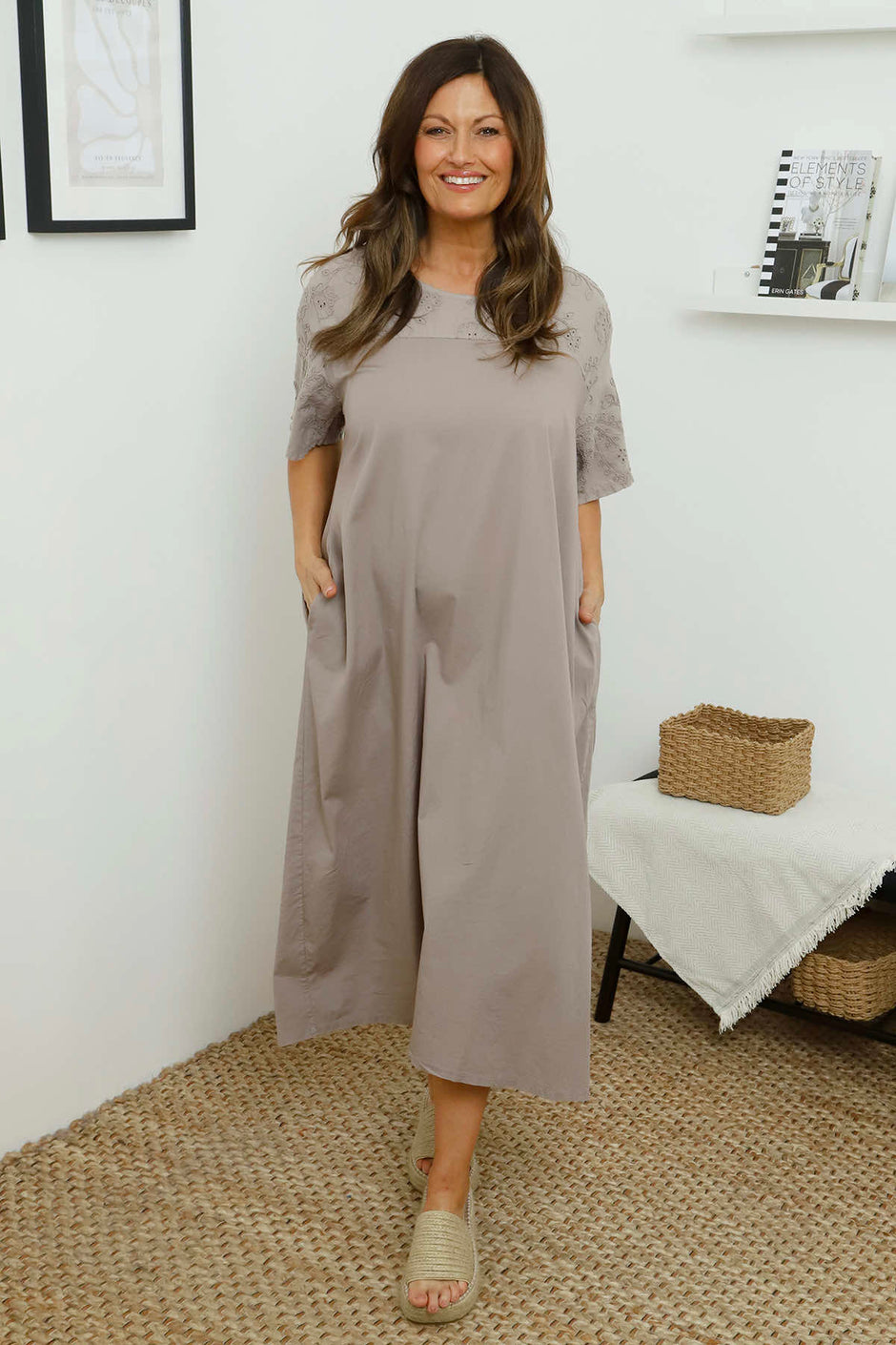 Raven Embroidered Shoulder Cotton Dress Mocha