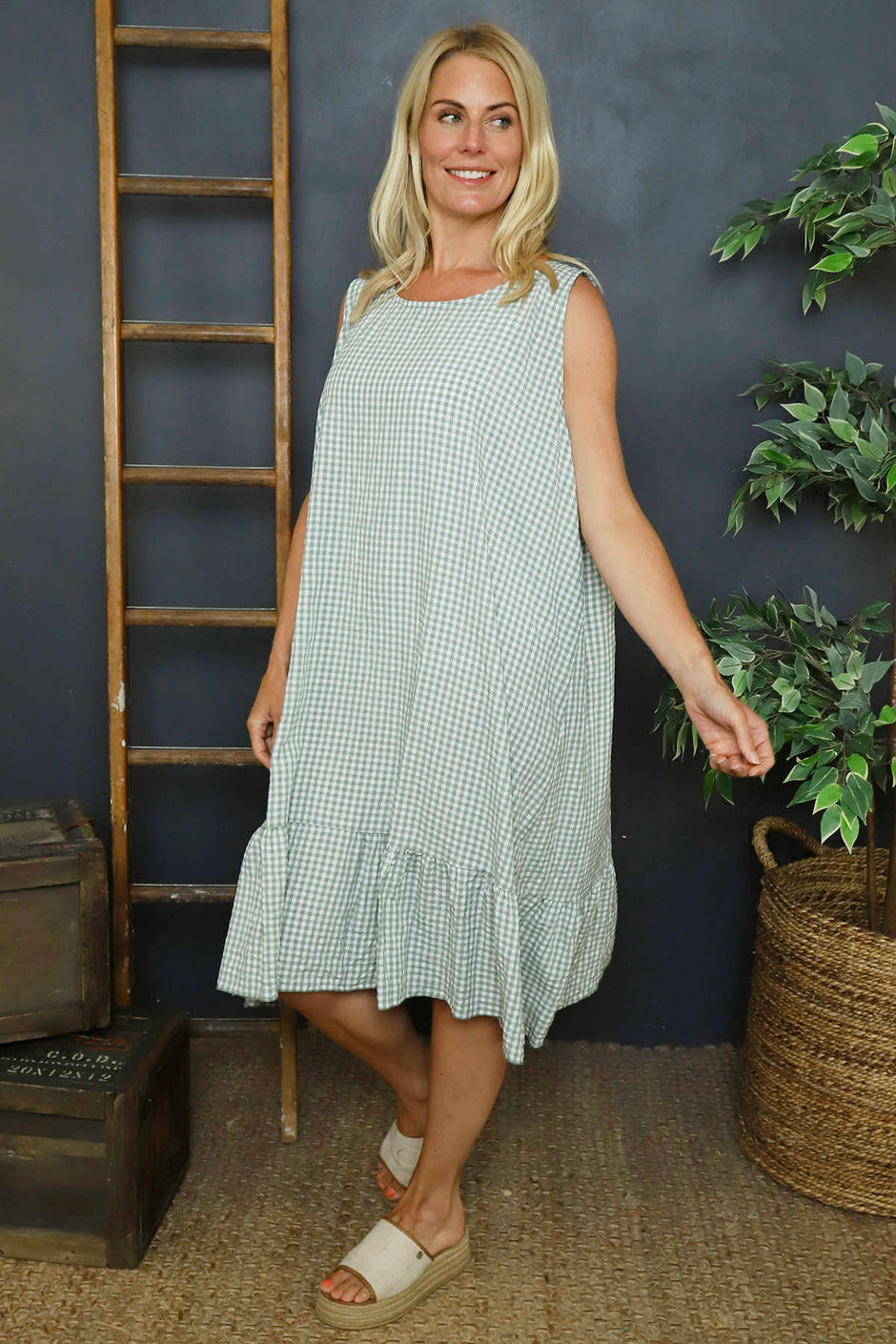 Imani Sleeveless Gingham Dress Khaki
