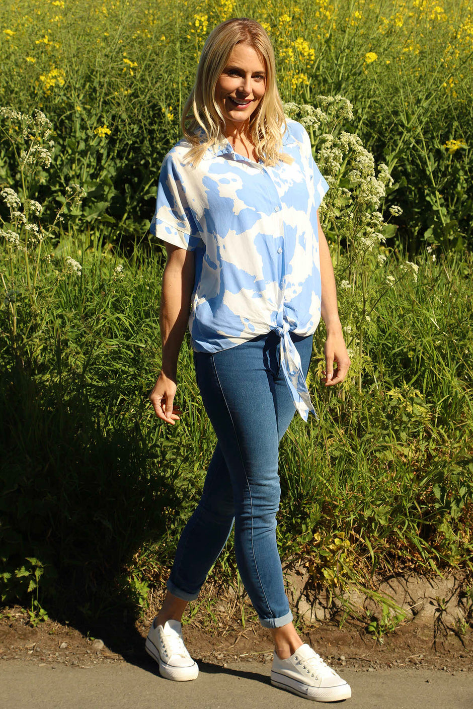 Edna Print Tie Shirt Powder Blue