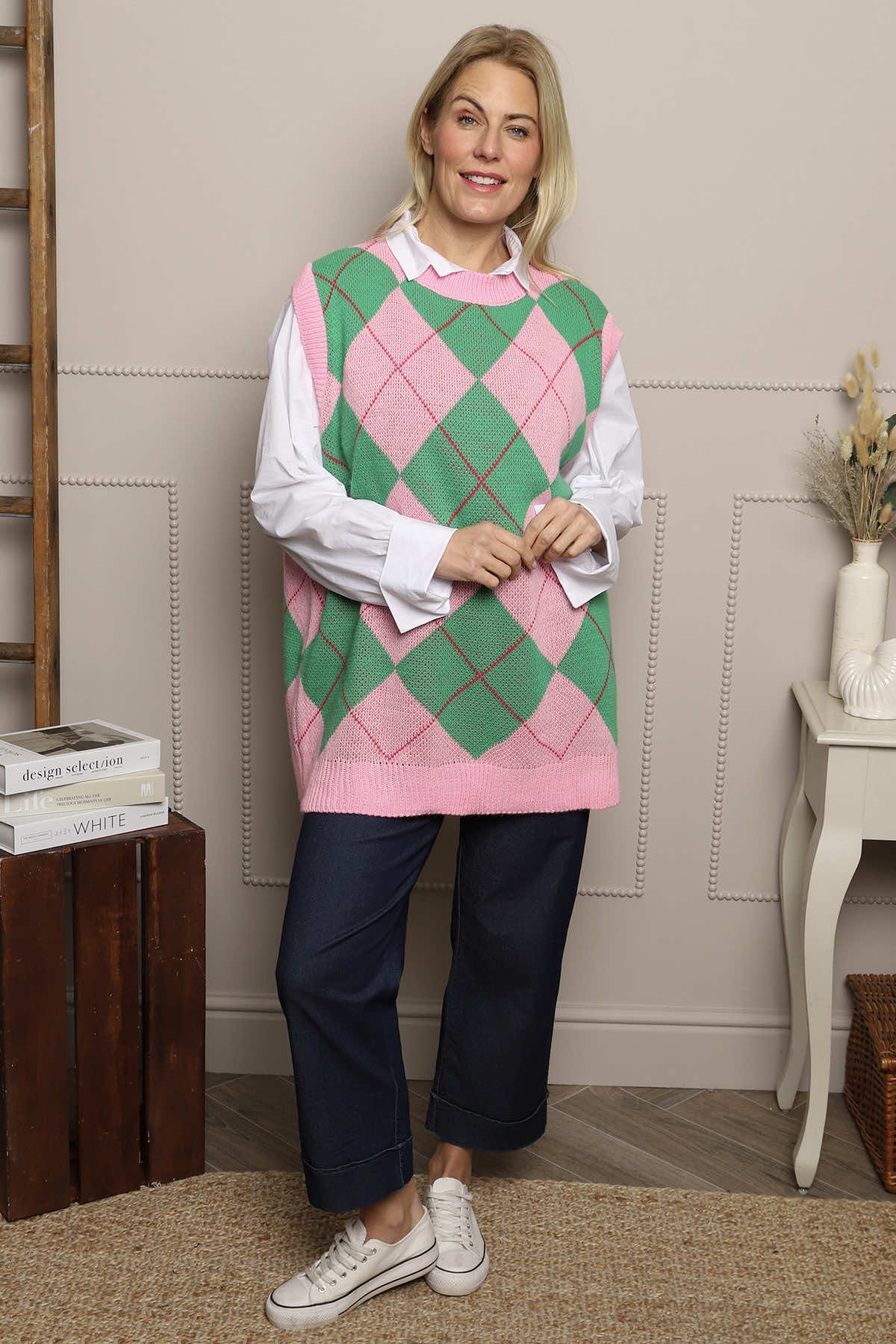 Pink Theresa Argyle Knitted Vest | Made In Italy | Kit and Kaboodal