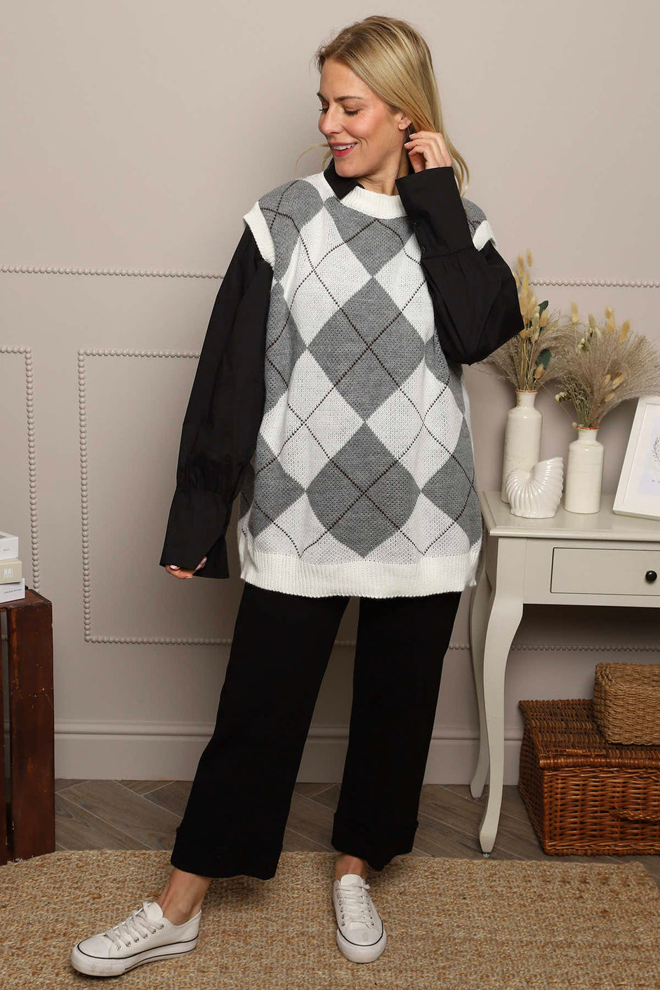 Theresa Argyle Knitted Vest Grey