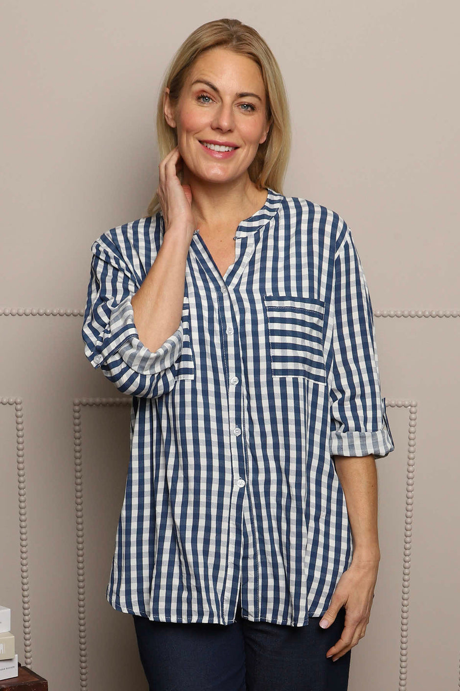 Jaynie Gingham Tie Front Shirt Navy