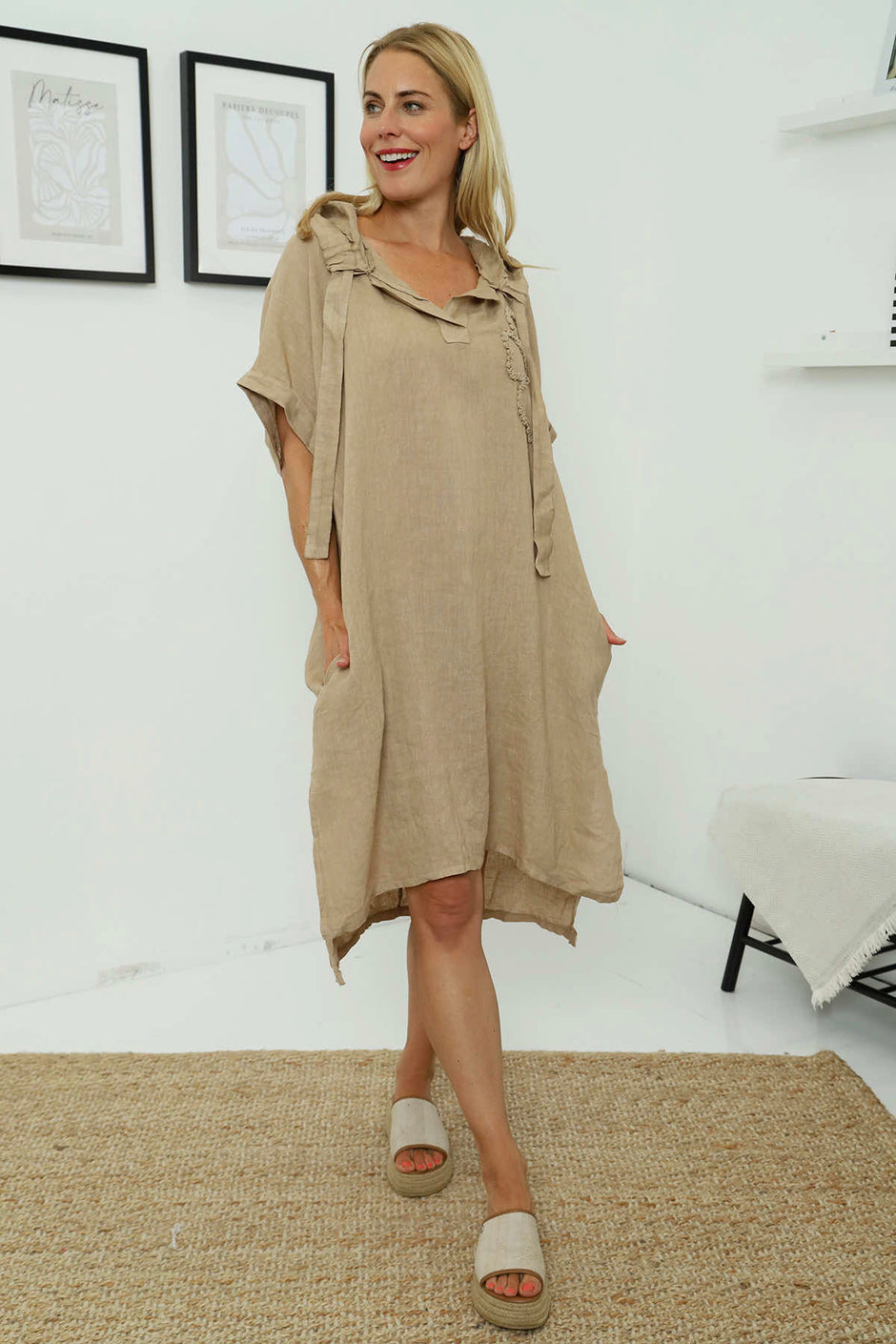 Carlina Hooded Flower Detail Linen Dress Camel