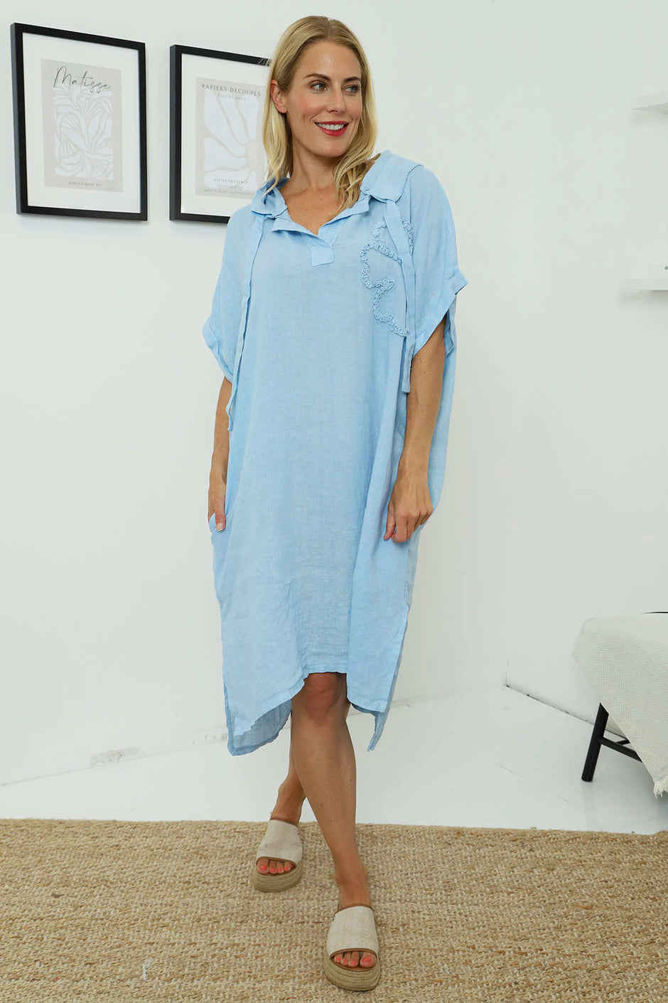 Carlina Hooded Flower Detail Linen Dress Light Blue