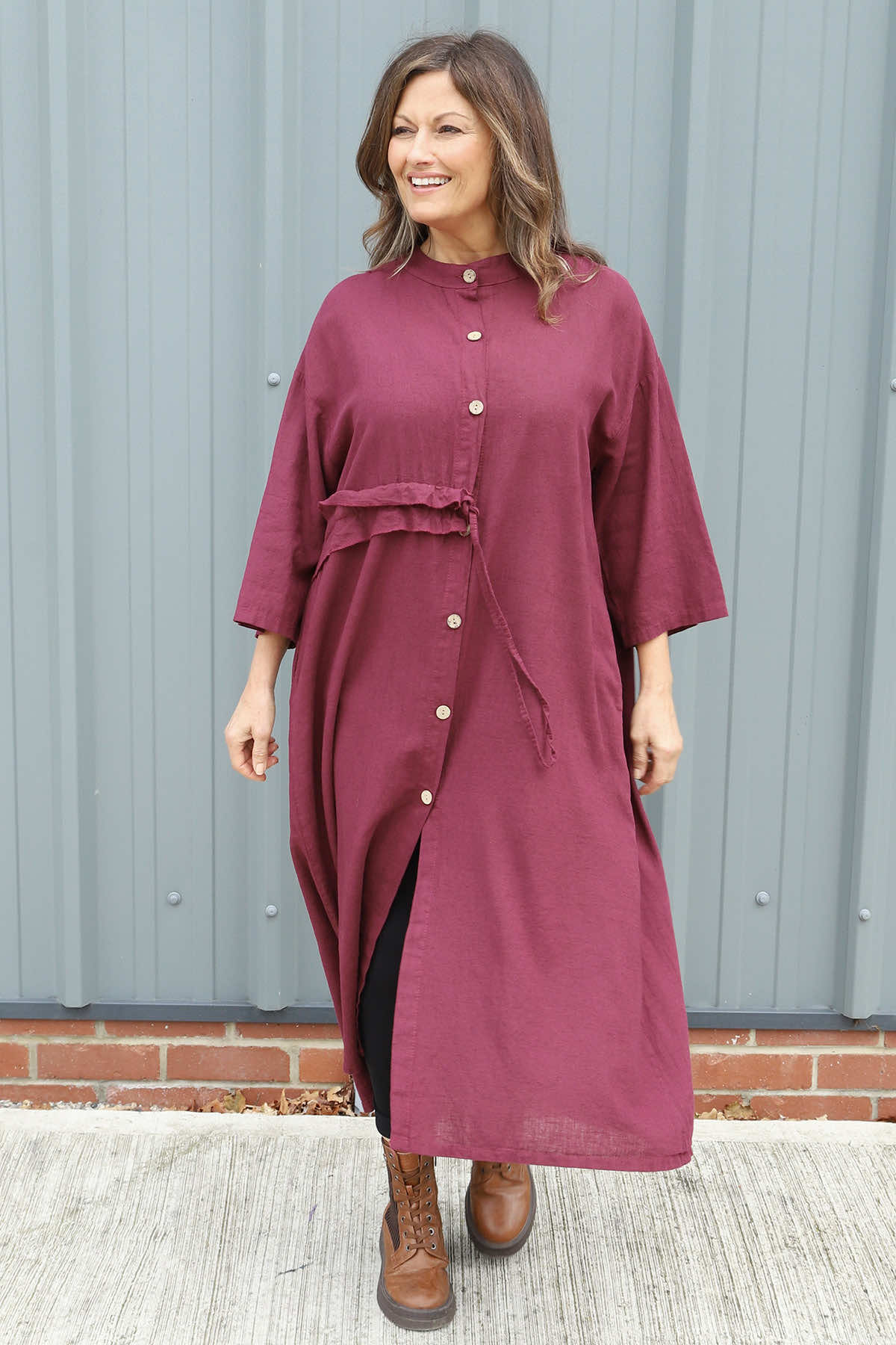 Burgundy Sienna Button Linen Dress UK | Made In Italy