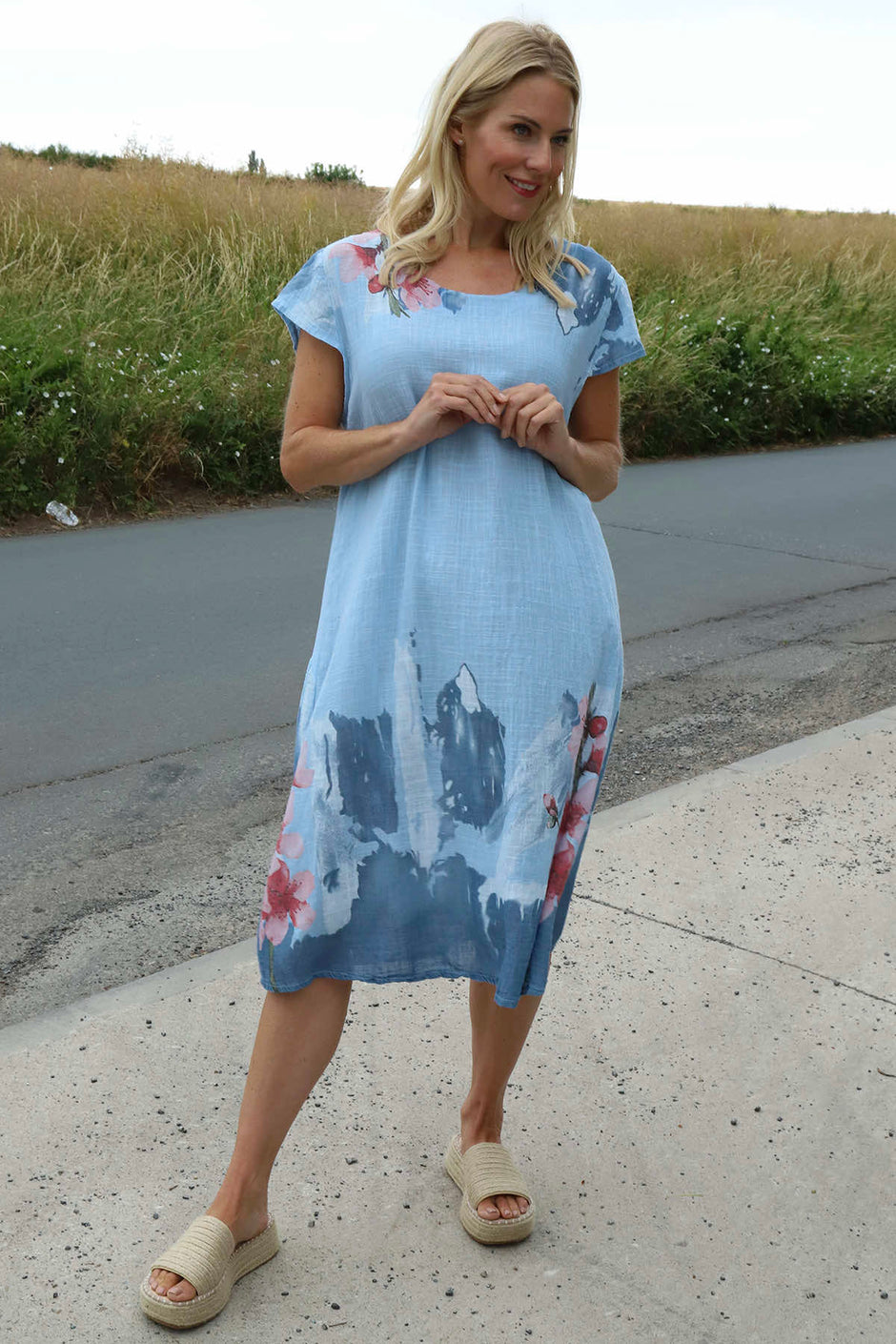 Mabel Floral Cap Sleeve Cotton Dress Light Blue