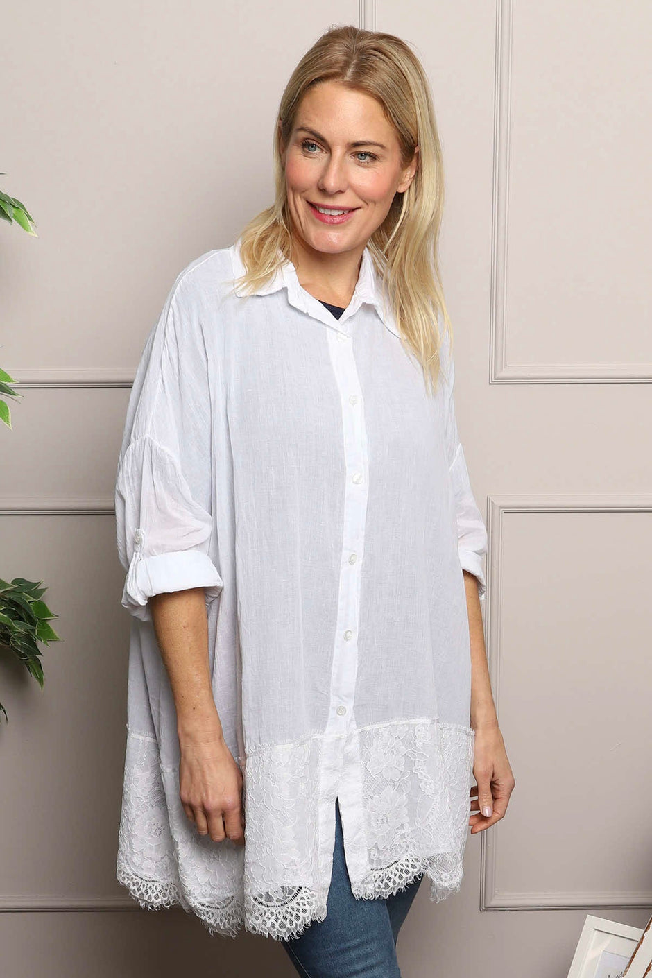 Reban Lace Trim Cotton Shirt White
