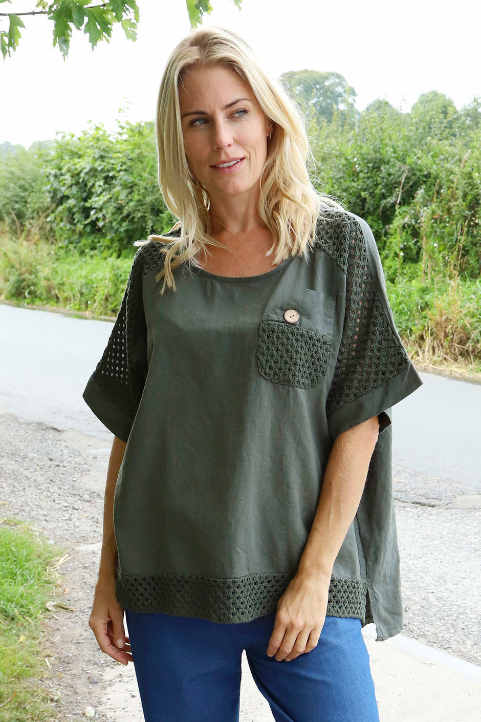 Kristiana Crochet Detail Linen Top Dark Khaki