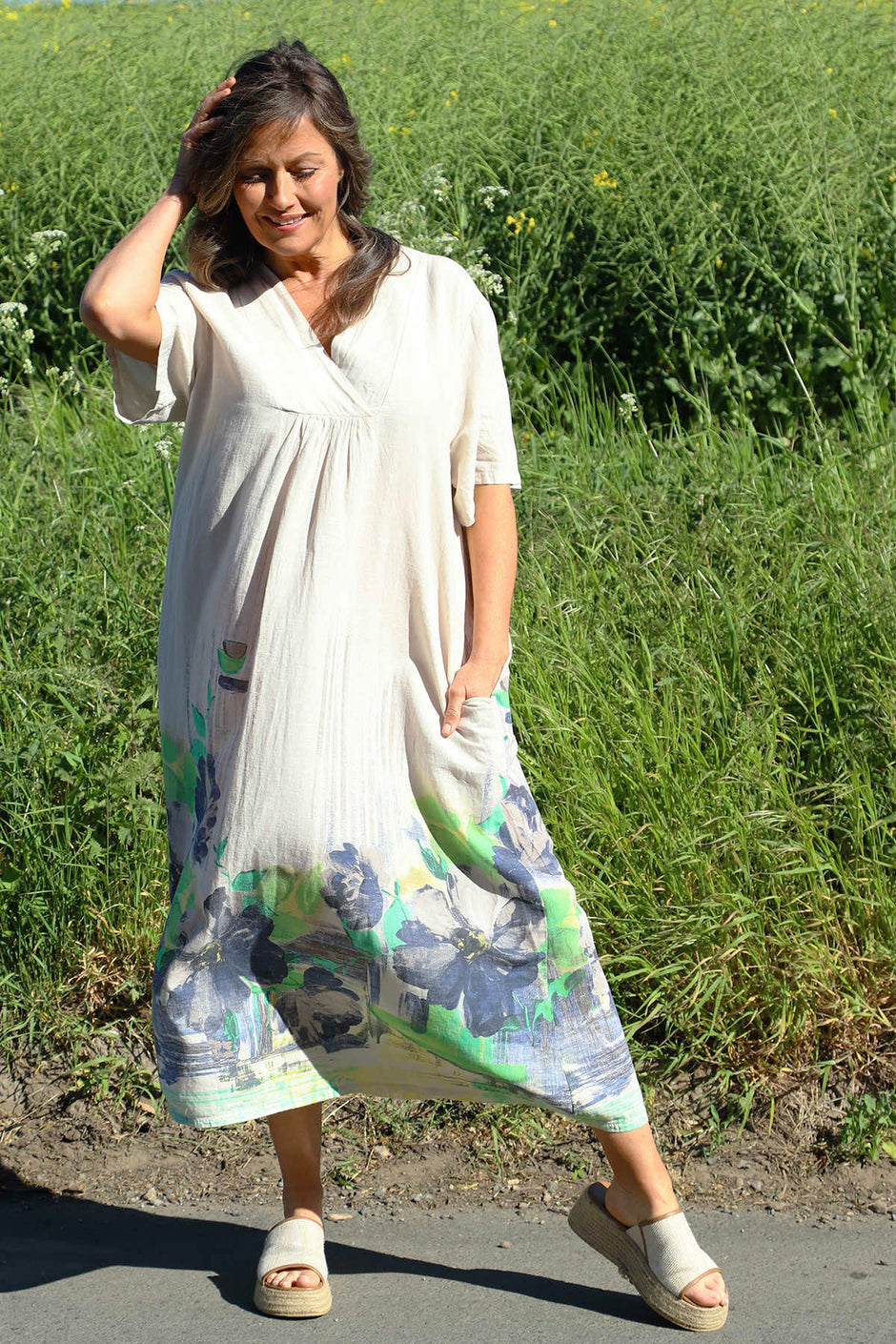 Whitstable V Neck Print Linen Dress Stone