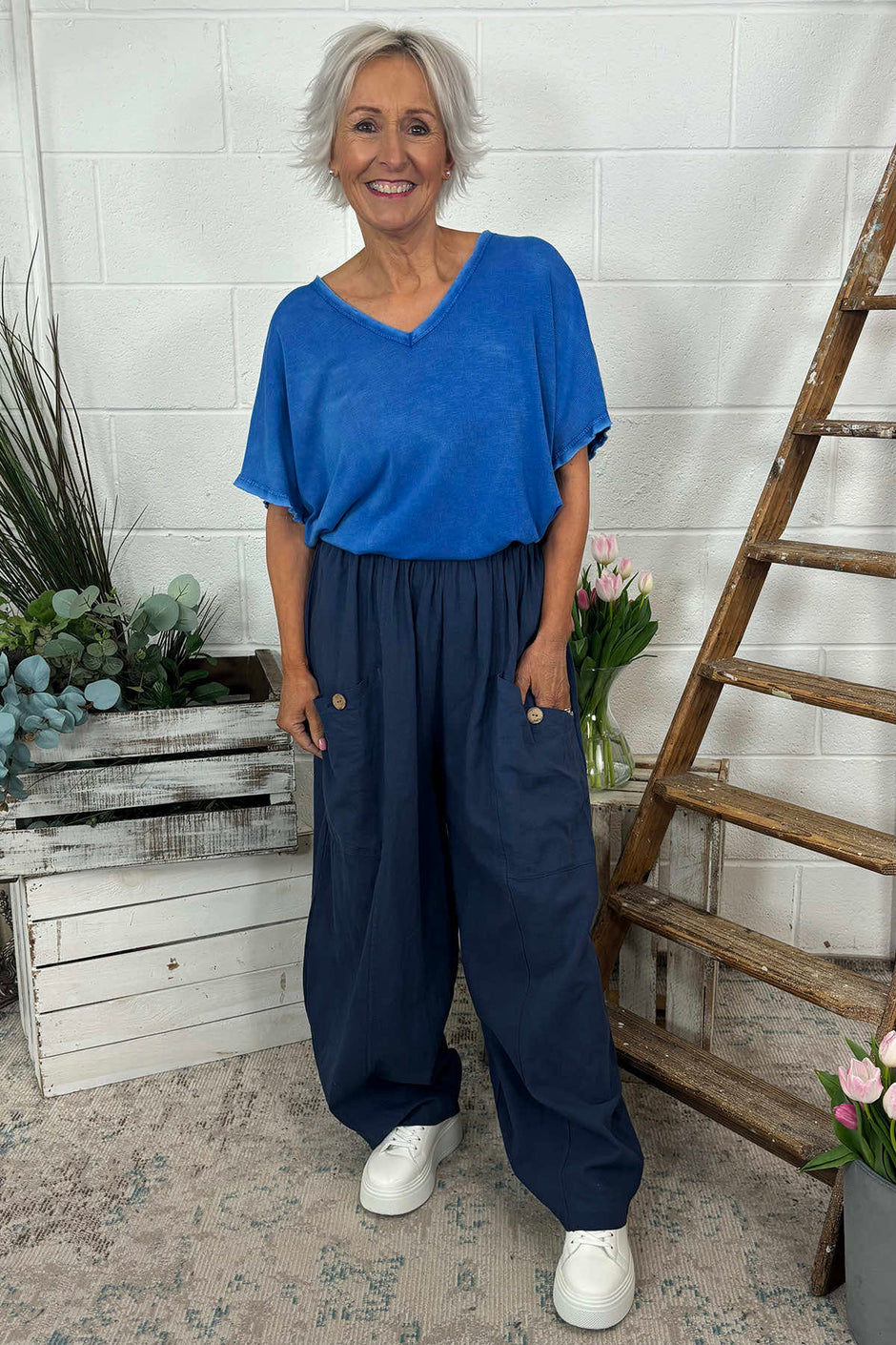 Clarisse Button Pocket Linen Trousers Navy