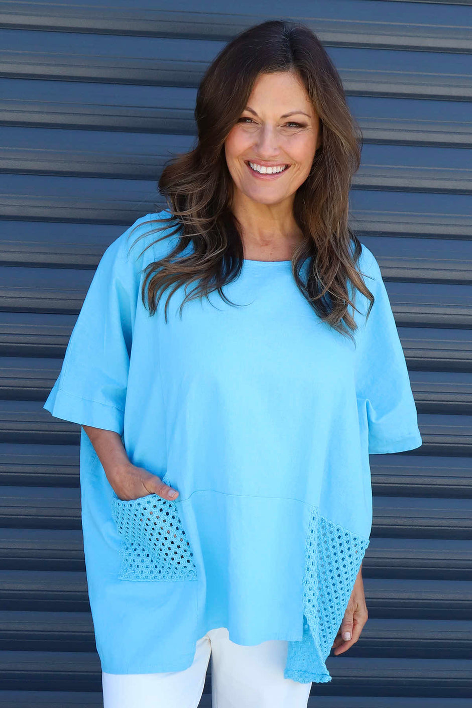 Cressida Crochet Detail Linen Top Kingfisher