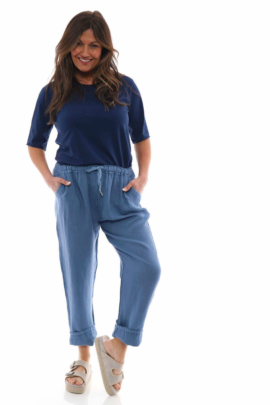 Filey Cropped Linen Trousers Denim Blue