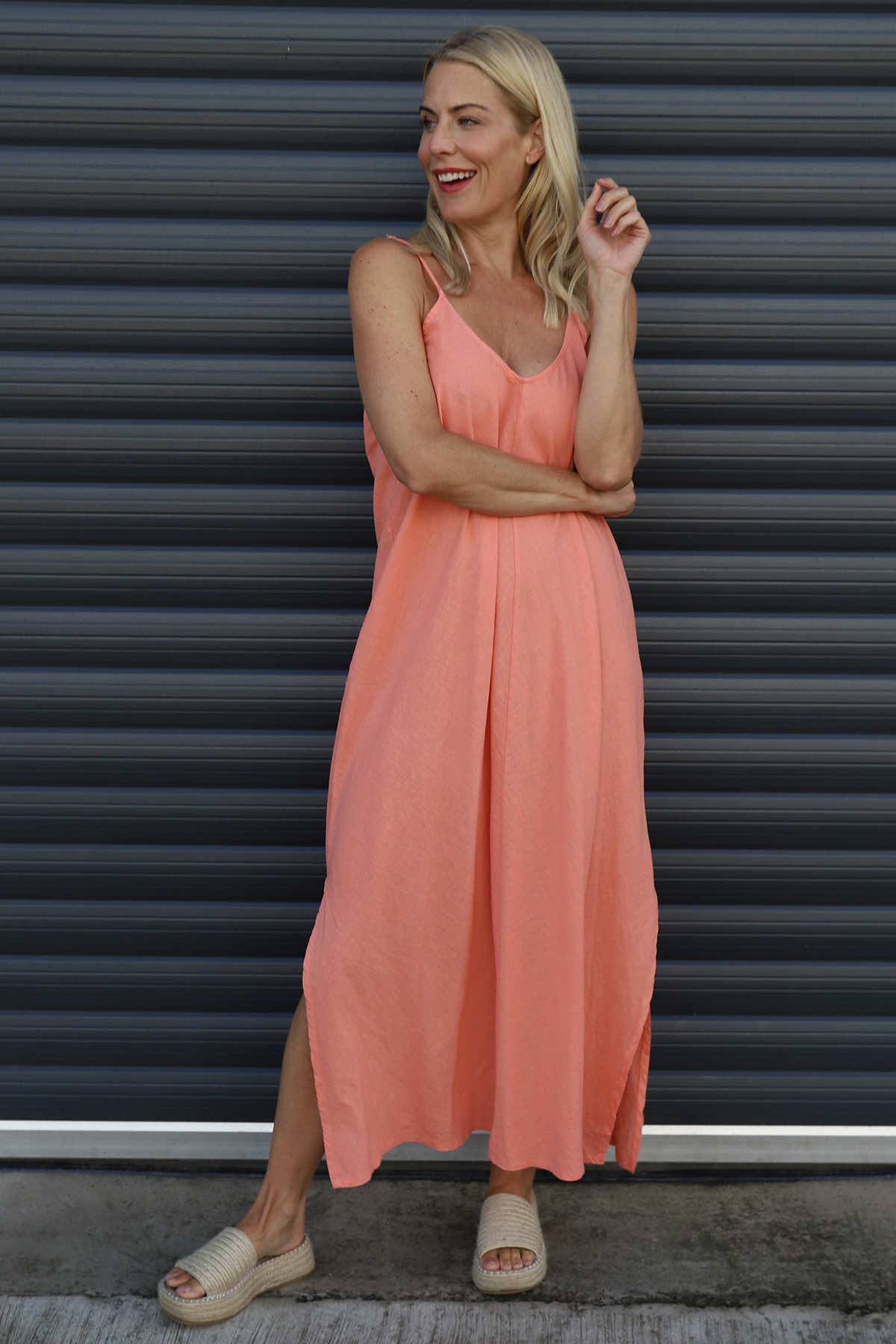 open lace back dress Made In Italy Cesca Strap Linen Dress