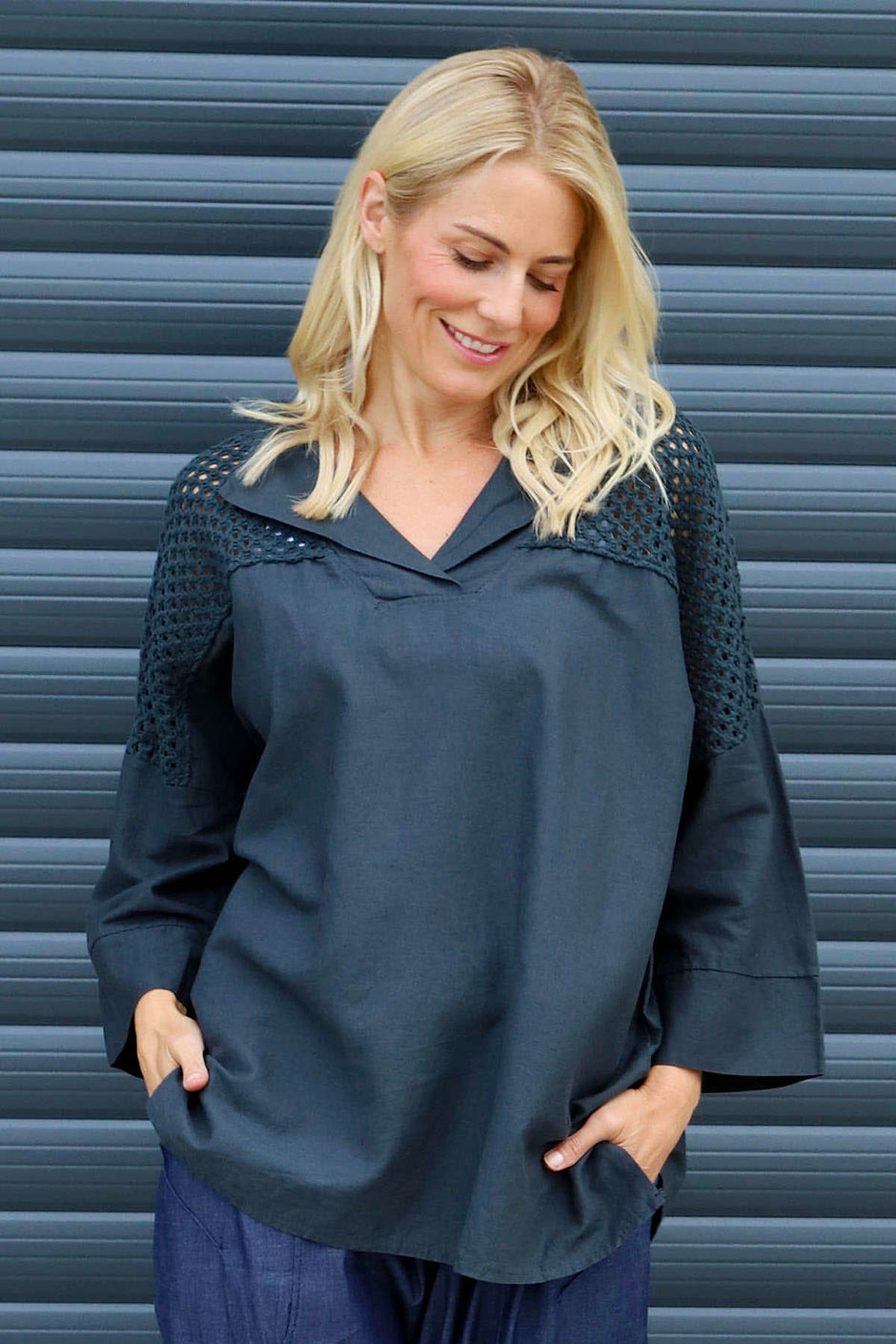 Natasha Crochet Shoulder Linen Top Charcoal