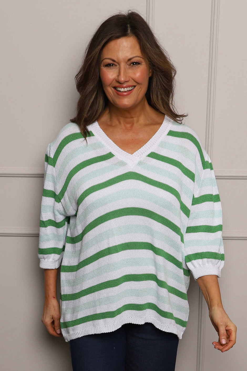 Gladys Stripe Knit Cotton Top Green