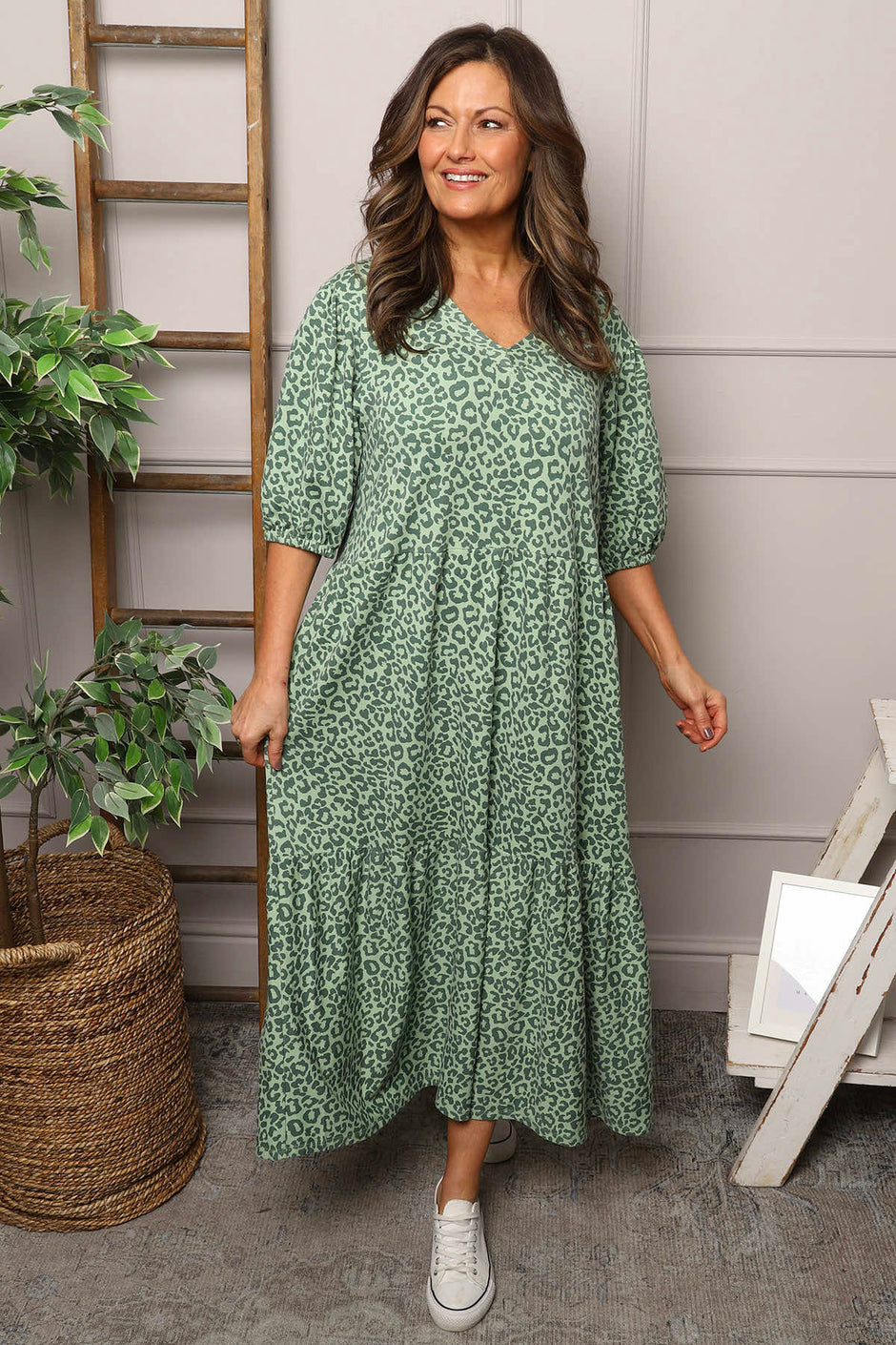 Paulette Animal Print Cotton Dress Green