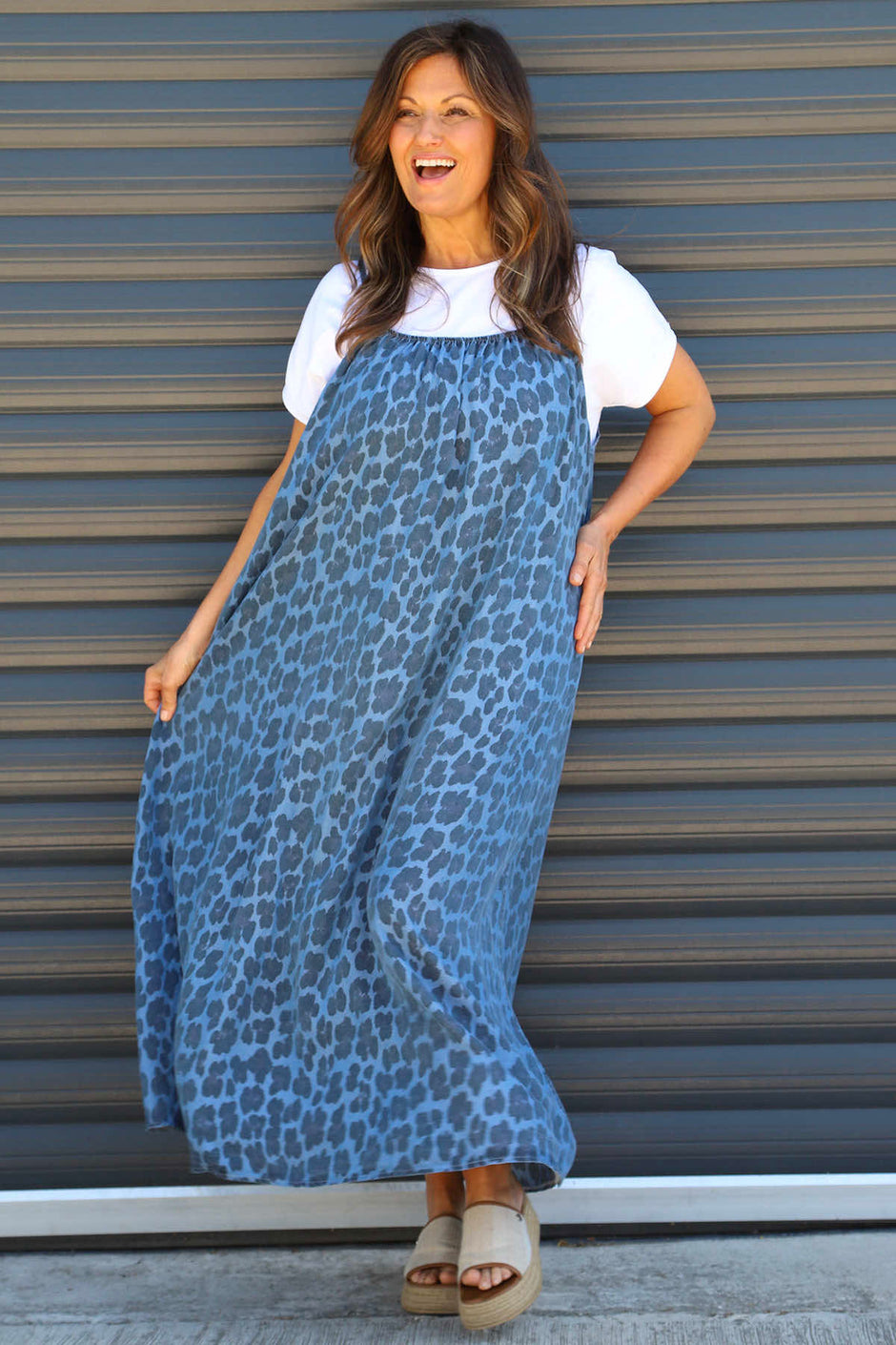Lantic Strap Leopard Print Denim Dress Mid Denim