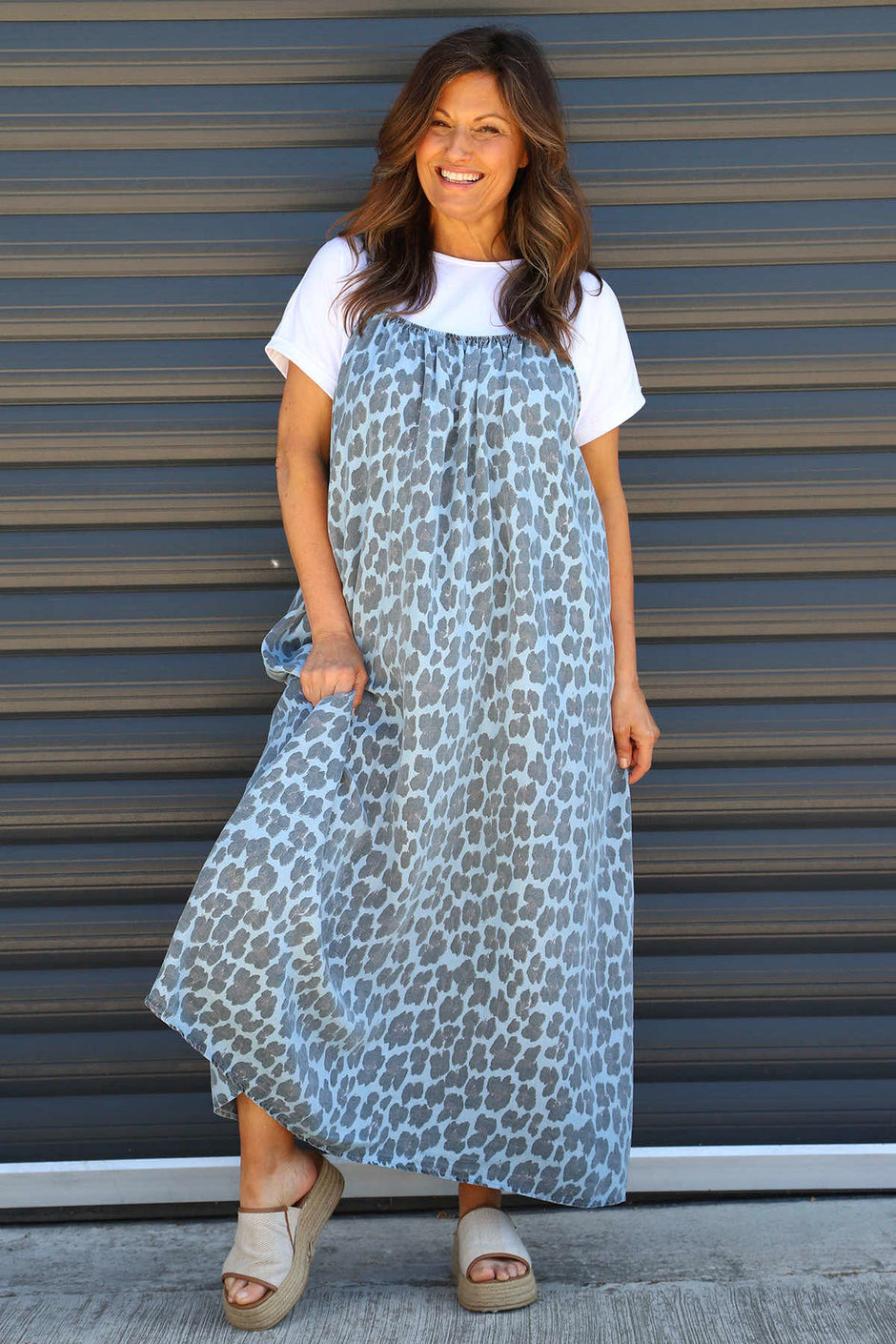 Lantic Strap Leopard Print Denim Dress Light Denim