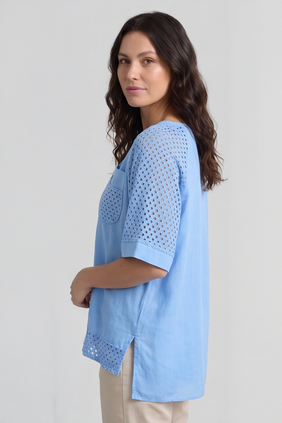 Kristiana Crochet Detail Linen Top Powder Blue