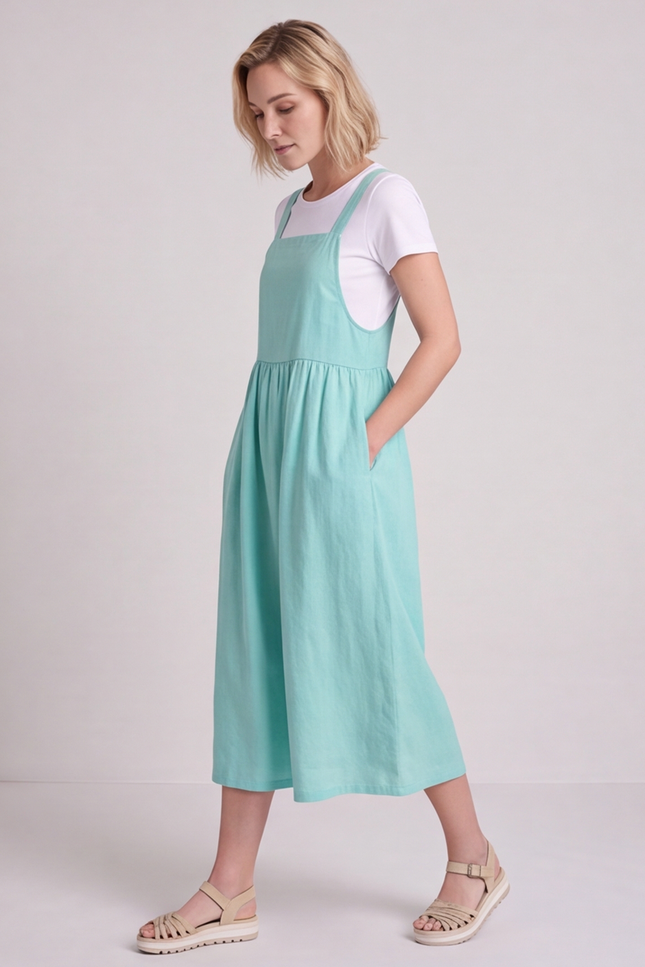 Meredith Linen Pinafore Dress Green