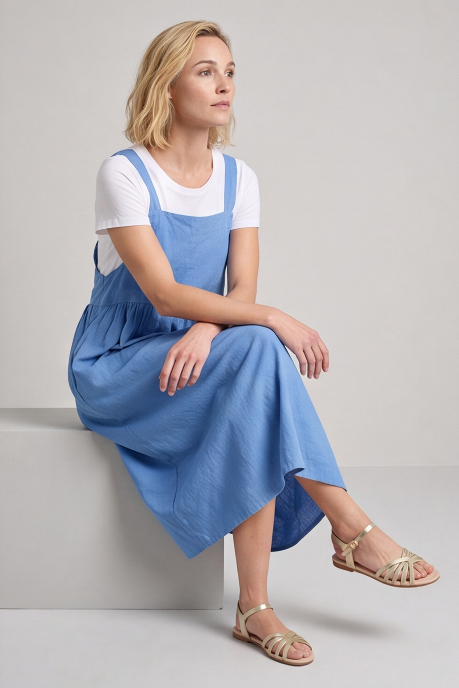 Meredith Linen Pinafore Dress Powder Blue