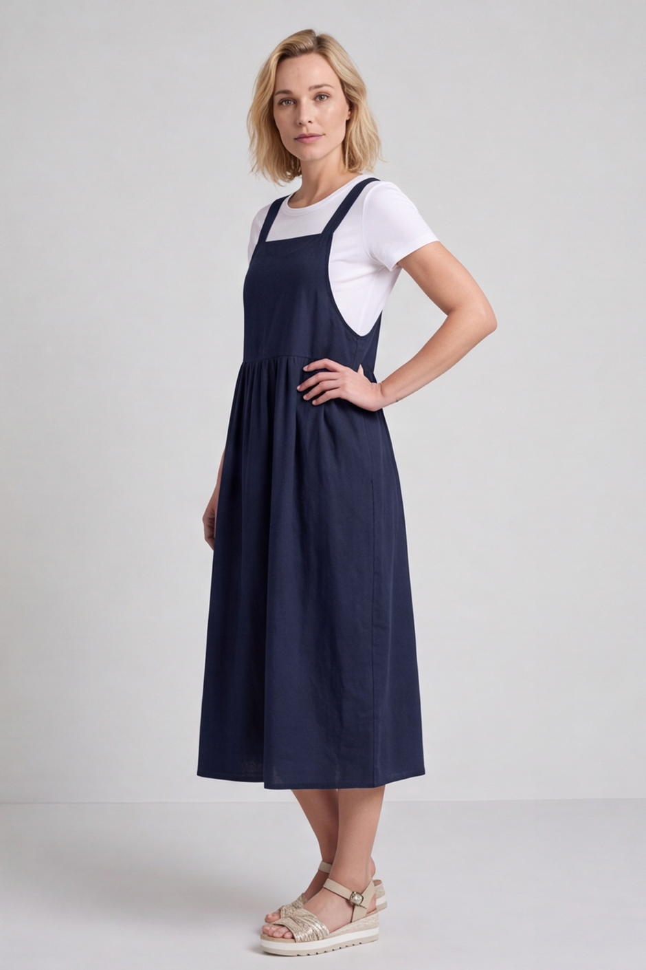 Meredith Linen Pinafore Dress Navy
