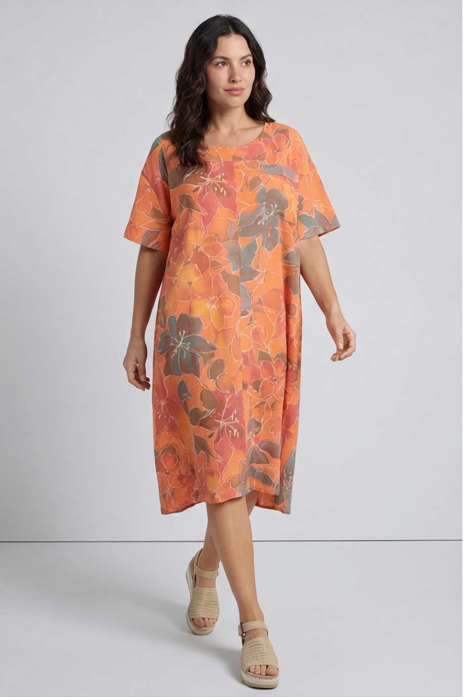 Madeline Floral Print Linen Dress Orange