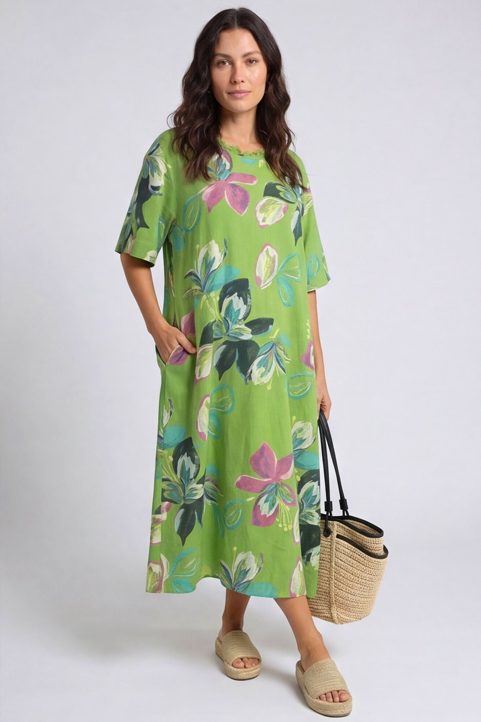Mallory Print Linen Dress Olive