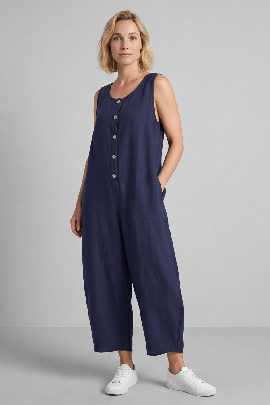Margot Sleeveless Linen Jumpsuit Navy