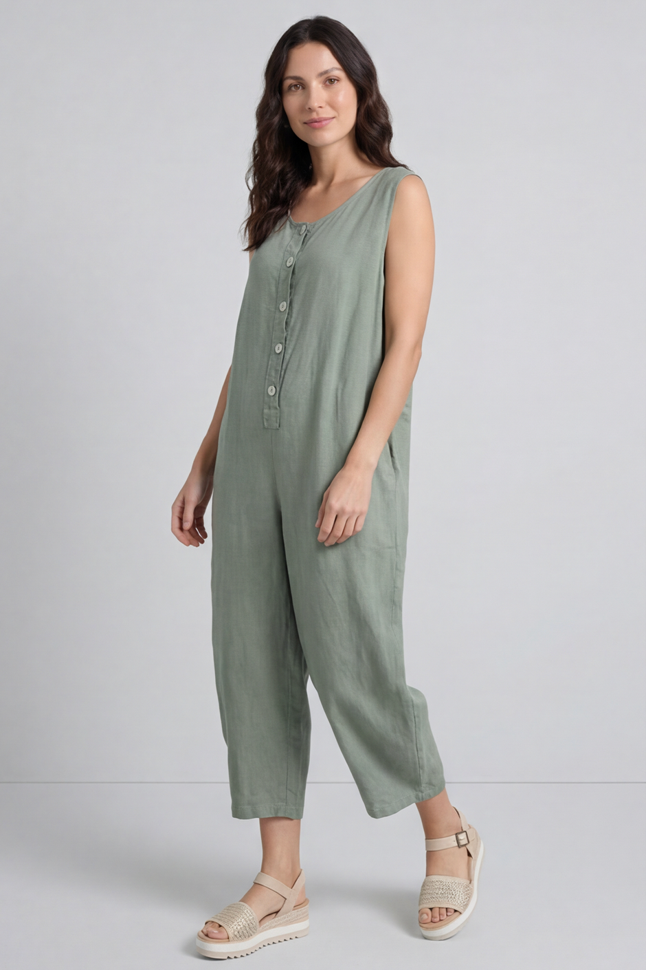 Margot Sleeveless Linen Jumpsuit Khaki