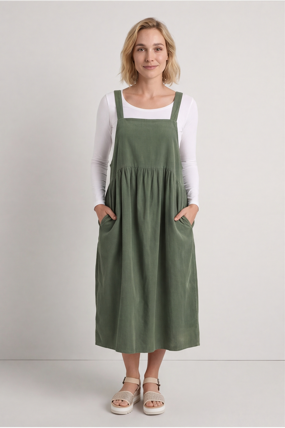 Meredith Washed Linen Pinafore Khaki