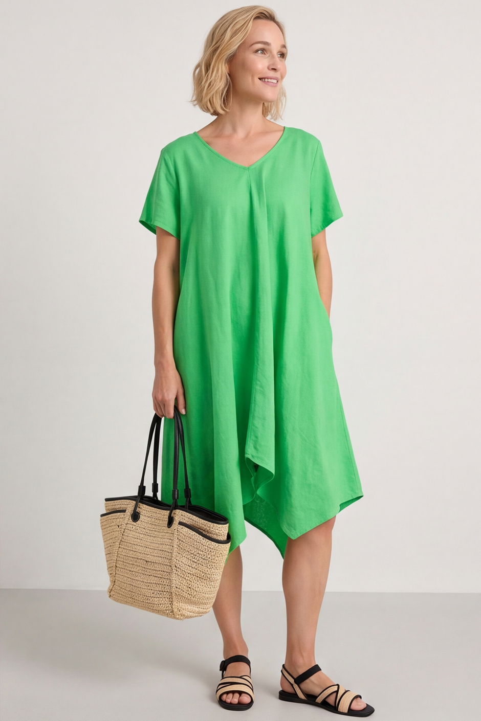 Nivana Dip Side Linen Dress Green