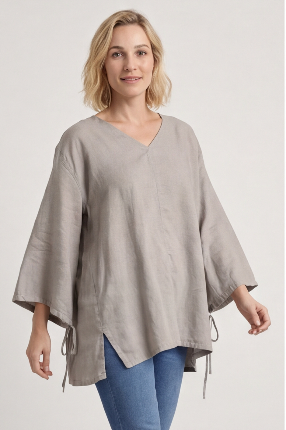 Nulvi V-Neck Linen Top Camel